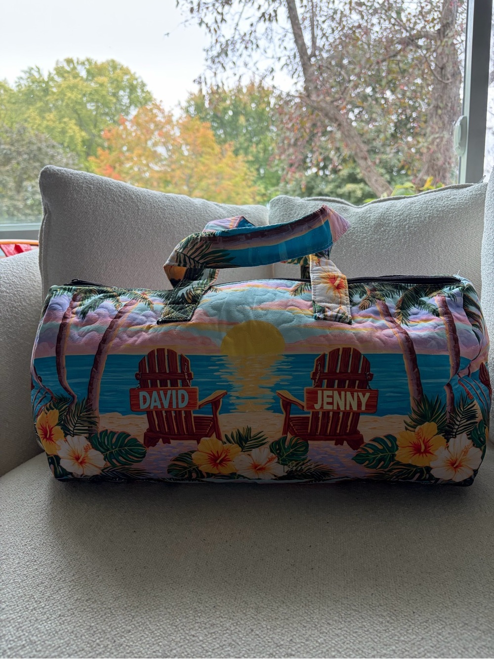 Personalized Tropical Print Quilted Duffel Bag - Pink Blue